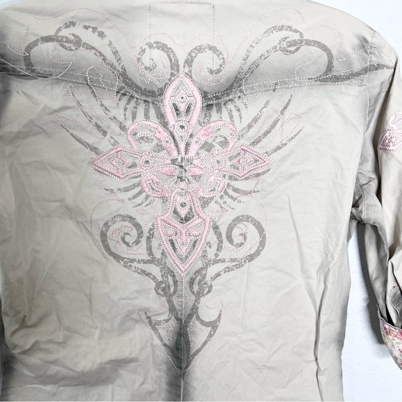 Roar Shirt Womens Small Button Up Embroidered Western Cowgirl Floral Cream Gray - Picture 4 of 8